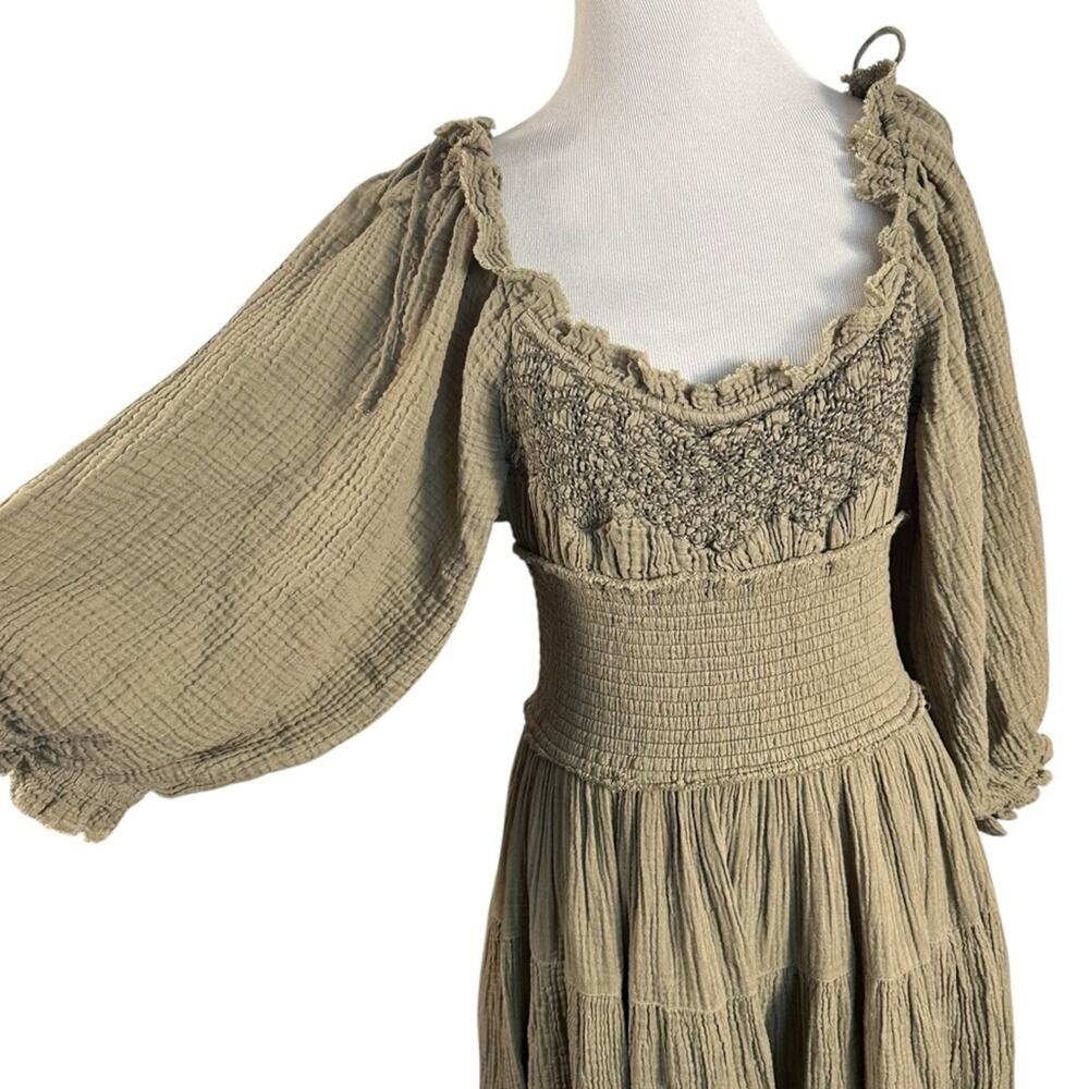 Free People Bohemian Witchy Gypsy Midi Maxi Gauze Dress Olive Small Renaissance - Picture 7 of 14